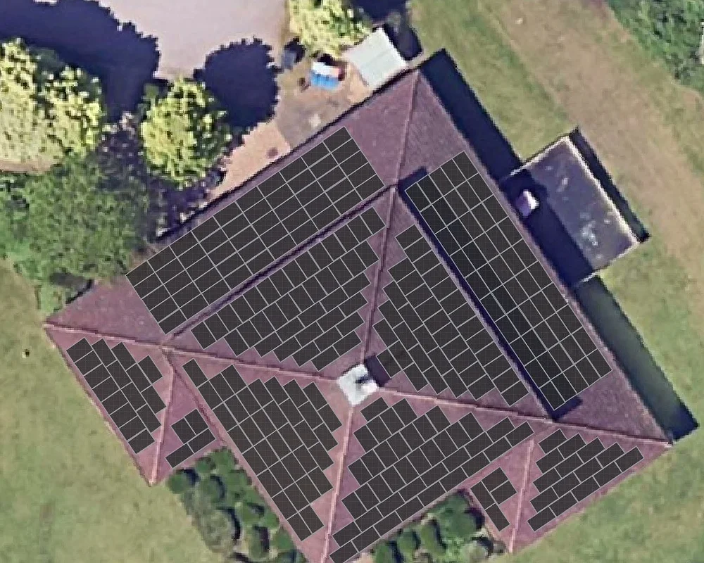 Solar panels laid out across every face of the roof